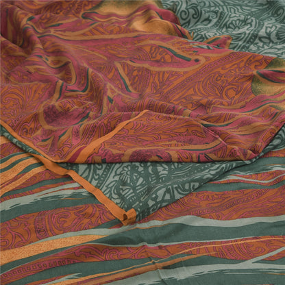 Sanskriti Vintage Sarees Green/Orange Pure Crepe Silk Printed Sari 5+yd Fabric