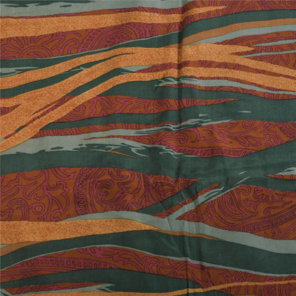 Sanskriti Vintage Sarees Green/Orange Pure Crepe Silk Printed Sari 5+yd Fabric