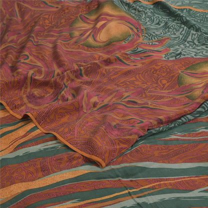 Sanskriti Vintage Sarees Green/Orange Pure Crepe Silk Printed Sari 5+yd Fabric