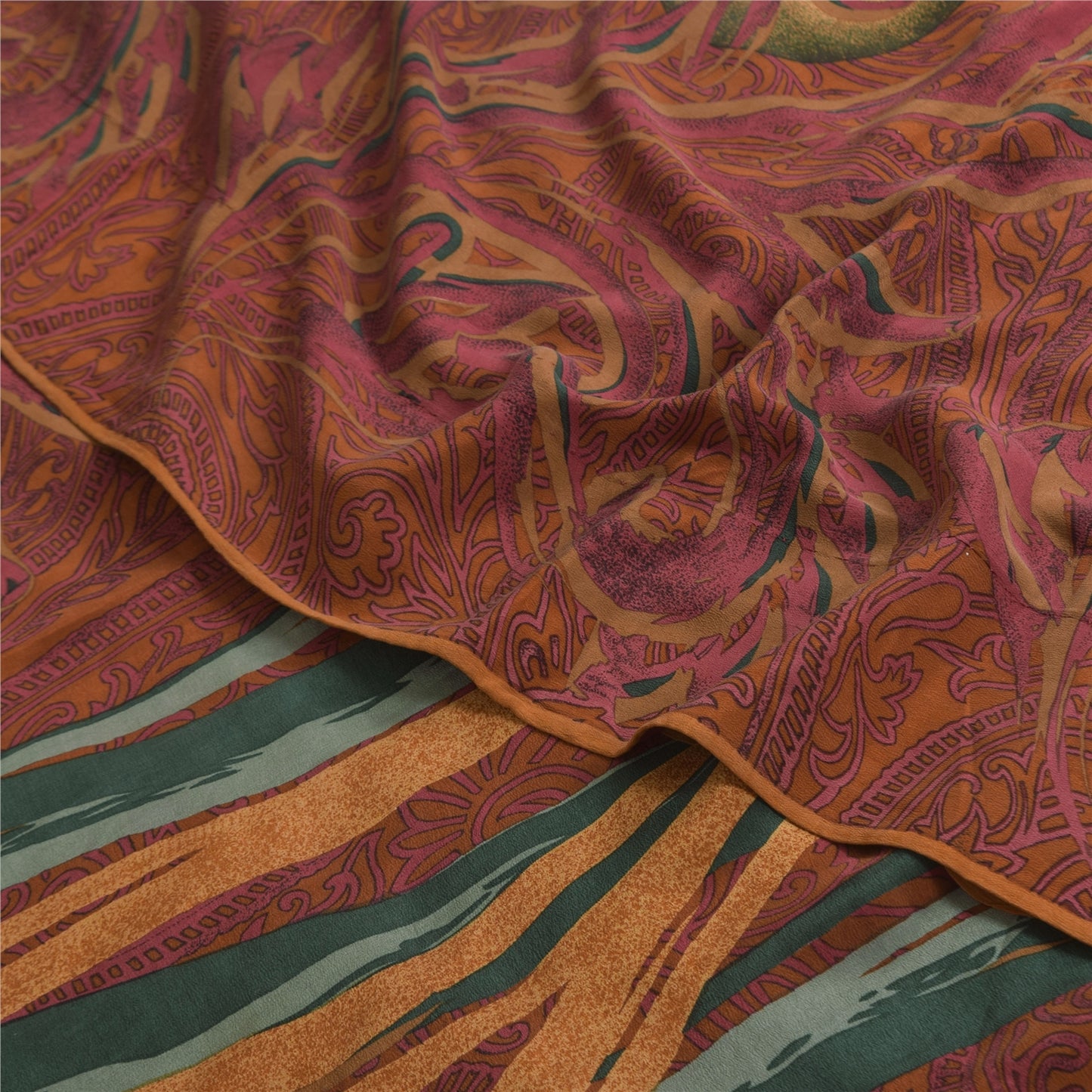 Sanskriti Vintage Sarees Green/Orange Pure Crepe Silk Printed Sari 5+yd Fabric