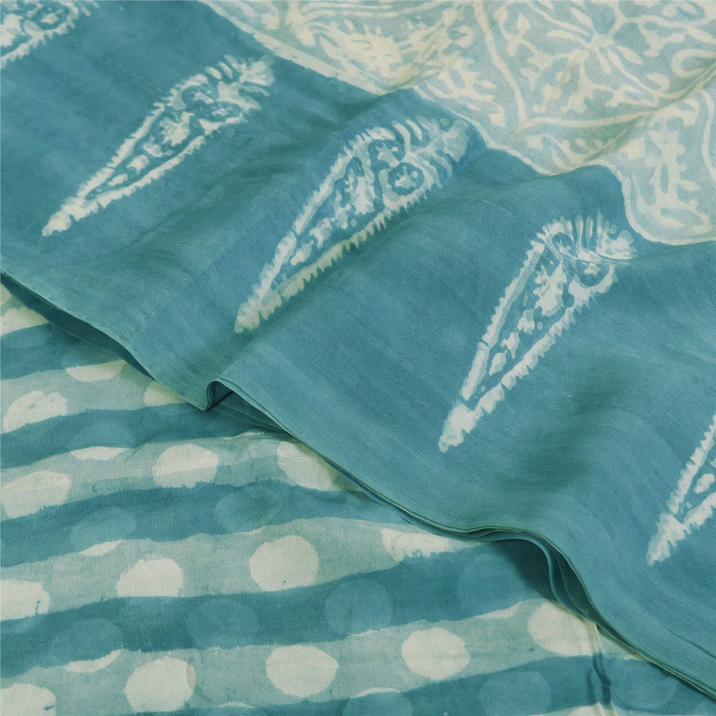 Sanskriti Vintage Sarees Blue 100%Pure Crepe Silk Printed Sari 5+yd Craft Fabric