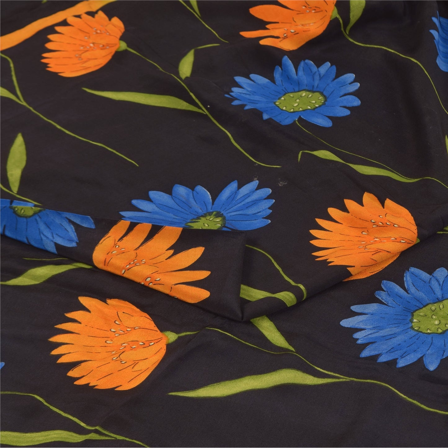 Sanskriti Vintage Sarees Black Pure Crepe Silk Printed Sari 5+yd Craft Fabric