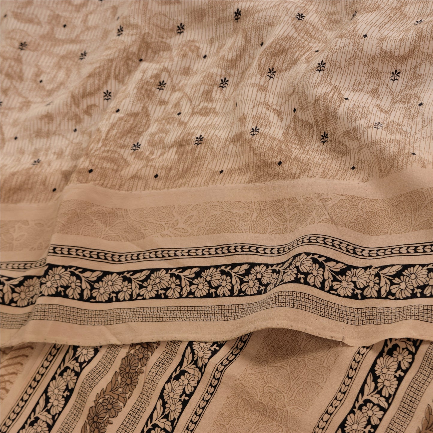 Sanskriti Vintage Sarees Peach Pure Crepe Silk Printed Sari 5+yd Craft Fabric