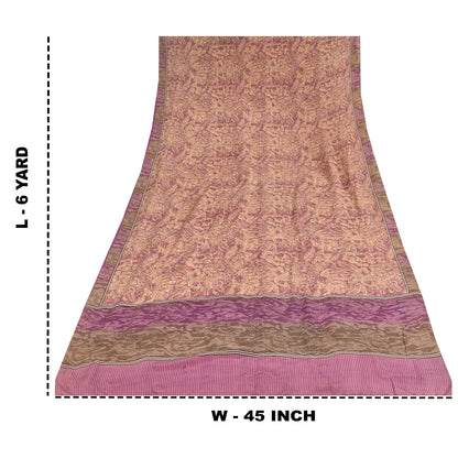 Sanskriti Vintage Sarees Peach/Purple Pure Crepe Print Sari 6yd Craft Fabric