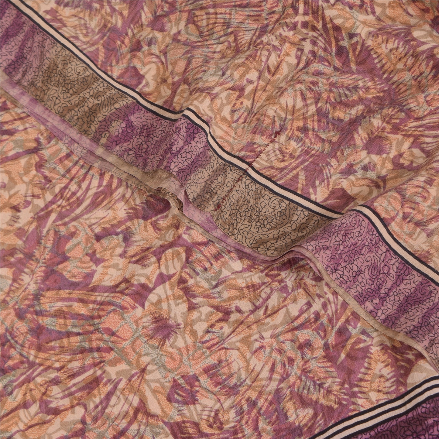 Sanskriti Vintage Sarees Peach/Purple Pure Crepe Print Sari 6yd Craft Fabric