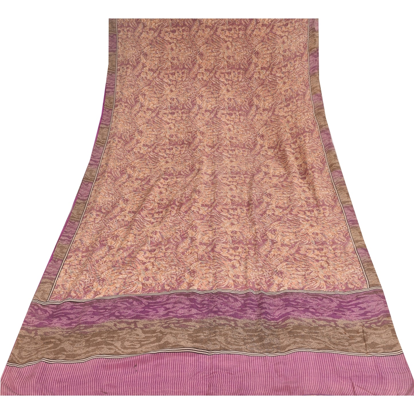 Sanskriti Vintage Sarees Peach/Purple Pure Crepe Print Sari 6yd Craft Fabric