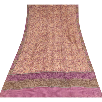 Sanskriti Vintage Sarees Peach/Purple Pure Crepe Print Sari 6yd Craft Fabric