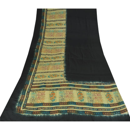 Sanskriti Vintage Sarees Black Pure Crepe Silk Printed Sari 5+yd Craft Fabric