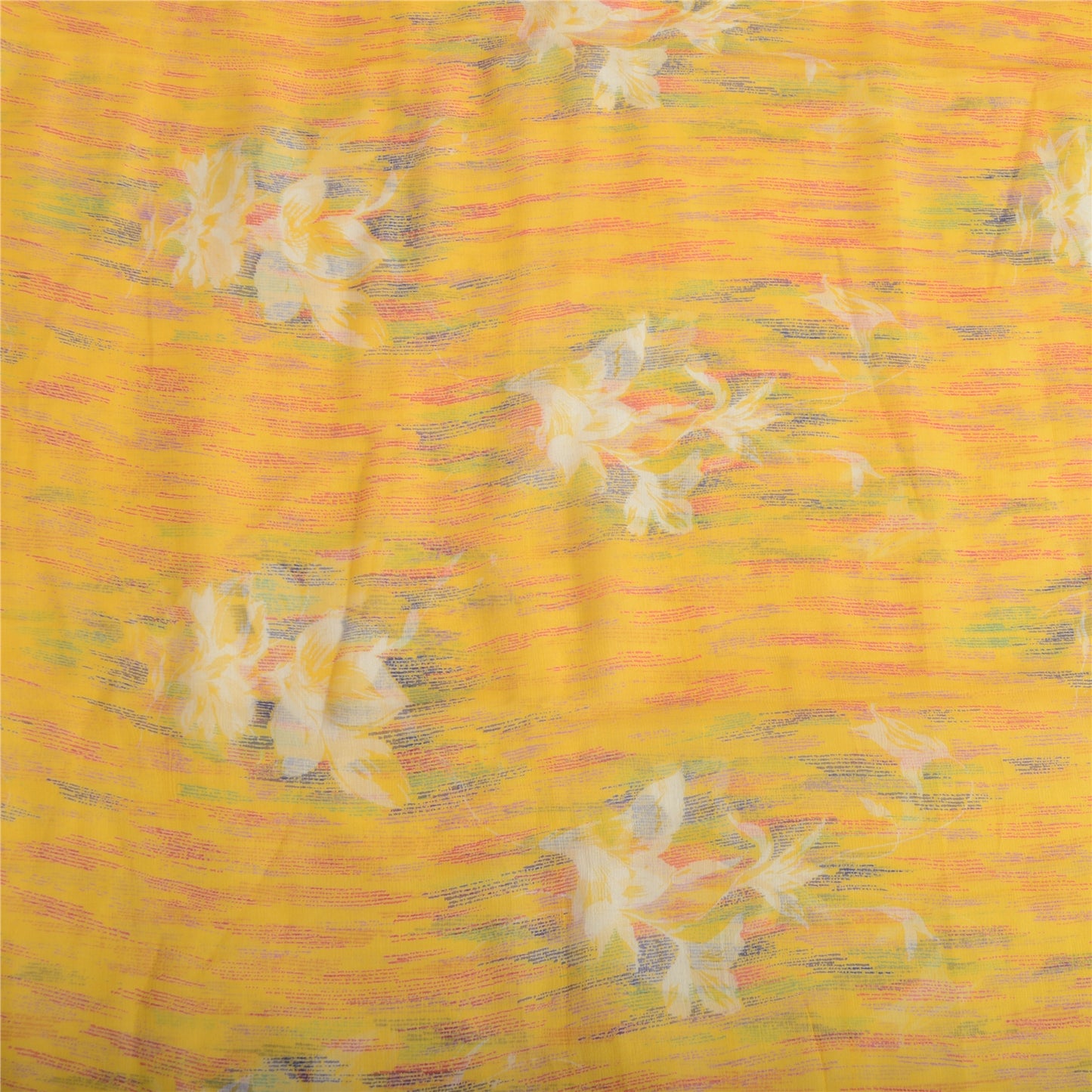 Sanskriti Vintage Sarees Yellow Pure Chiffon Silk Printed Sari Soft Craft Fabric