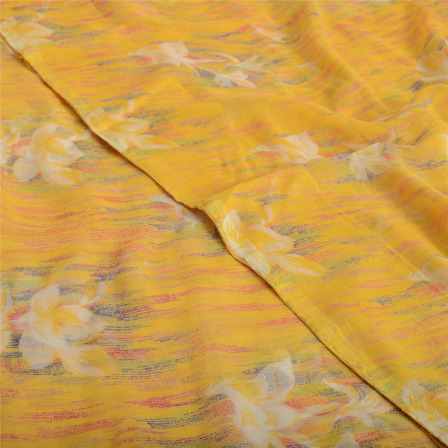 Sanskriti Vintage Sarees Yellow Pure Chiffon Silk Printed Sari Soft Craft Fabric