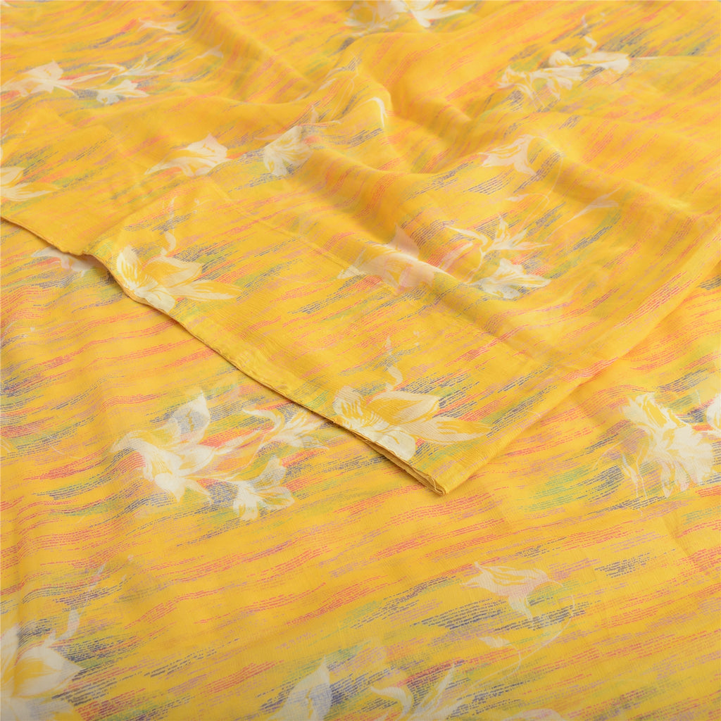 Sanskriti Vintage Sarees Yellow Pure Chiffon Silk Printed Sari Soft Craft Fabric