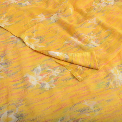 Sanskriti Vintage Sarees Yellow Pure Chiffon Silk Printed Sari Soft Craft Fabric