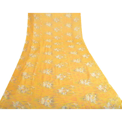 Sanskriti Vintage Sarees Yellow Pure Chiffon Silk Printed Sari Soft Craft Fabric