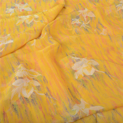 Sanskriti Vintage Sarees Yellow Pure Chiffon Silk Printed Sari Soft Craft Fabric