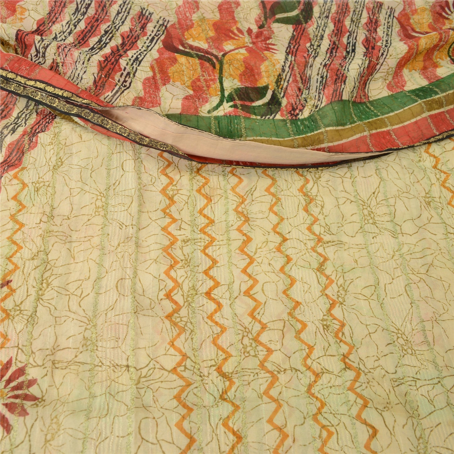 Sanskriti Vintage Sarees Cream Zari Work Pure Georgette Print Sari Craft Fabric