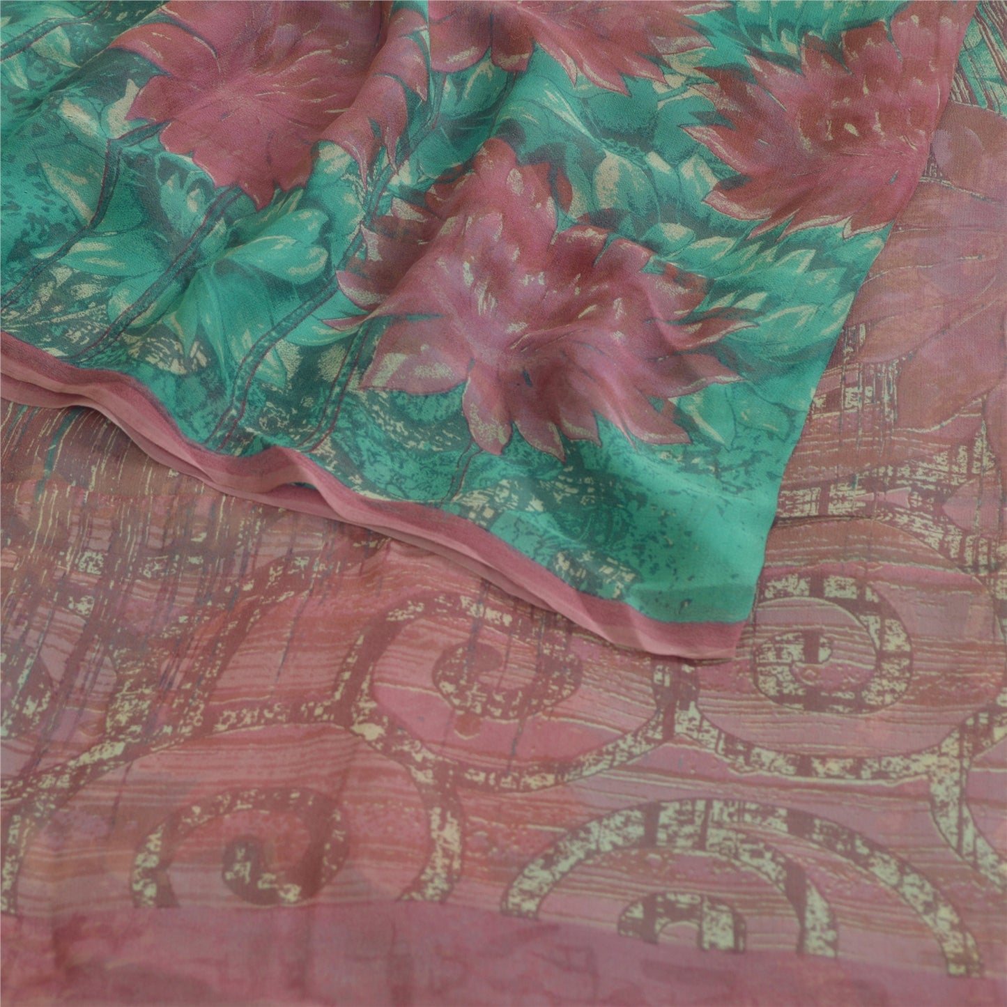 Sanskriti Vintage Sarees Blue/Pink Pure Georgette Silk Print Sari Craft Fabric