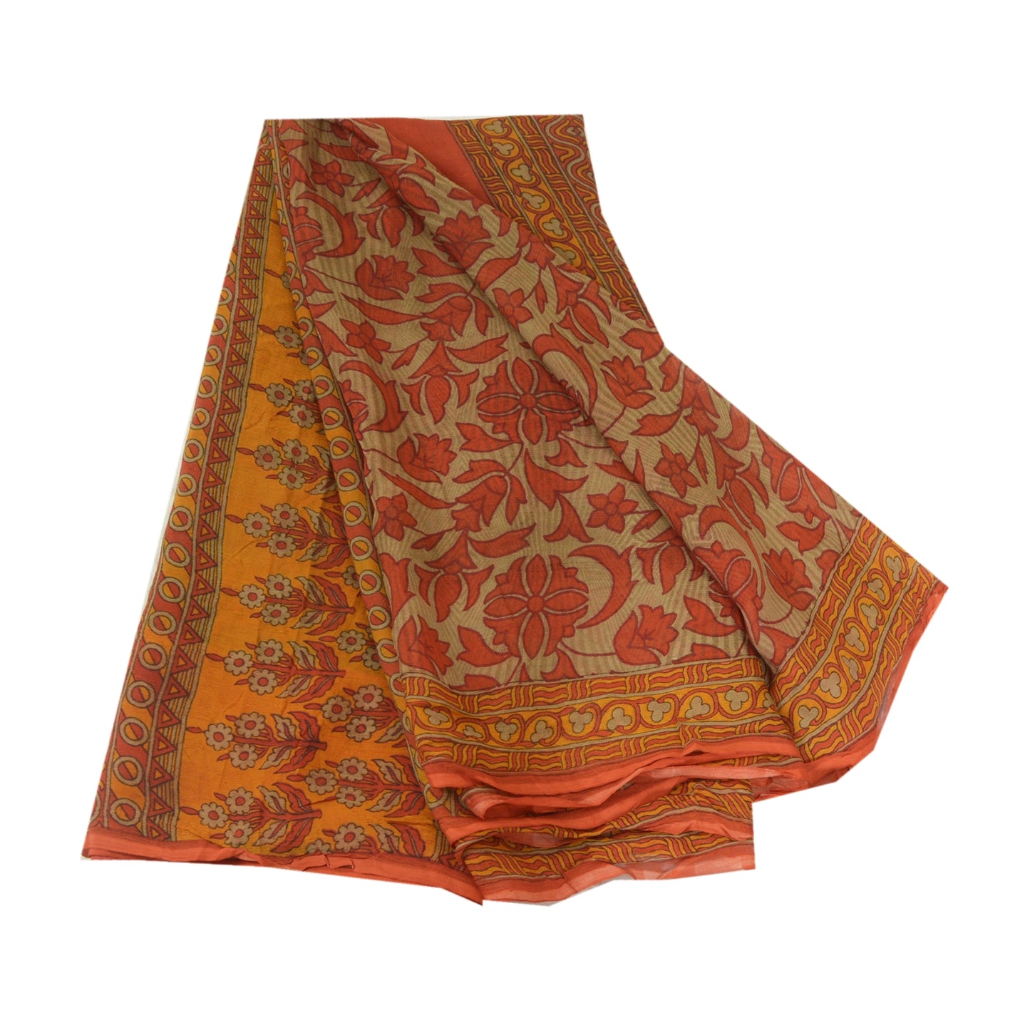 Sanskriti Vintage Sarees Orange/Green Pure Chiffon Silk Print Sari Craft Fabric