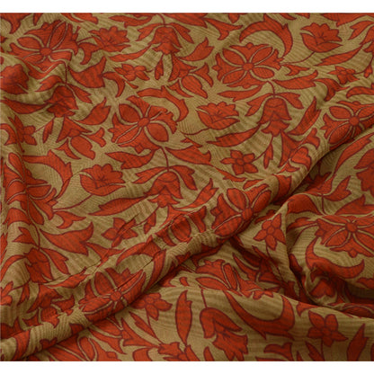 Sanskriti Vintage Sarees Orange/Green Pure Chiffon Silk Print Sari Craft Fabric