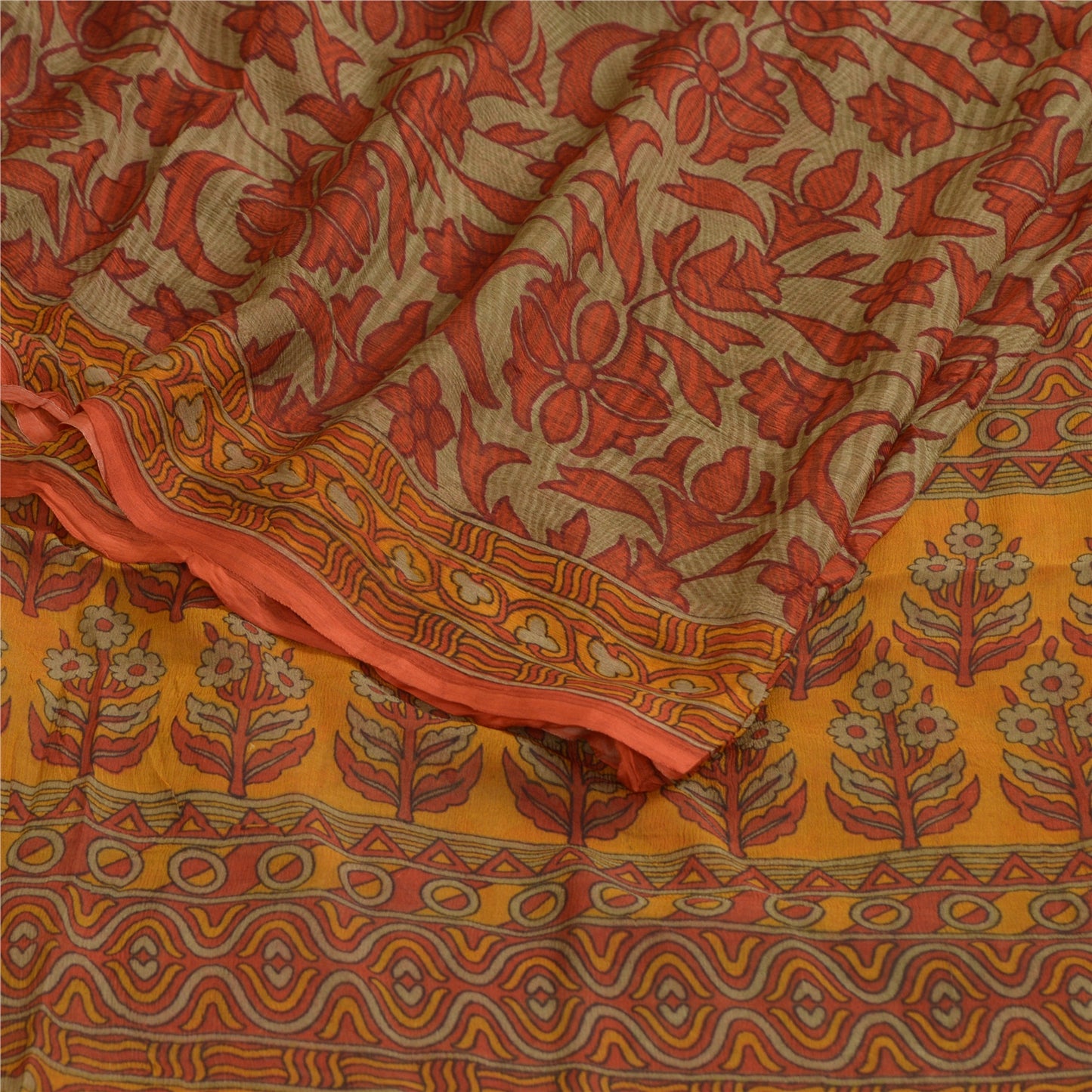 Sanskriti Vintage Sarees Orange/Green Pure Chiffon Silk Print Sari Craft Fabric