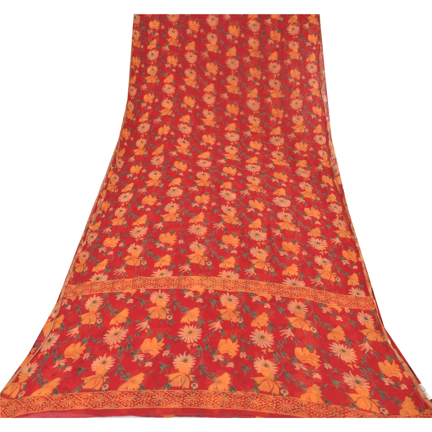 Sanskriti Vintage Sarees Indian Red Pure Chiffon Silk Printed Sari Craft Fabric