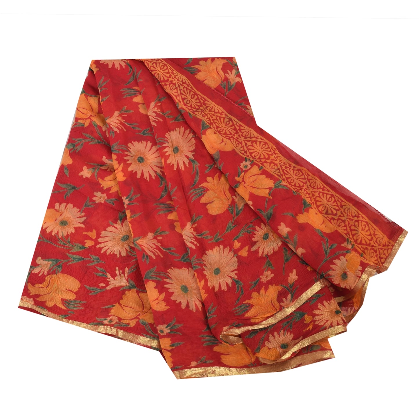 Sanskriti Vintage Sarees Indian Red Pure Chiffon Silk Printed Sari Craft Fabric