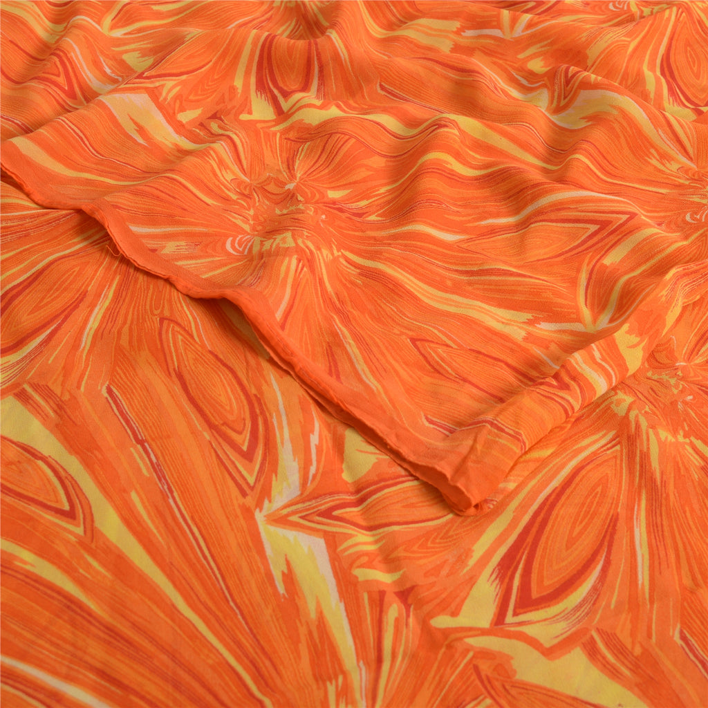 Sanskriti Vintage Sarees Orange Pure Georgette Silk Printed Sari Craft Fabric