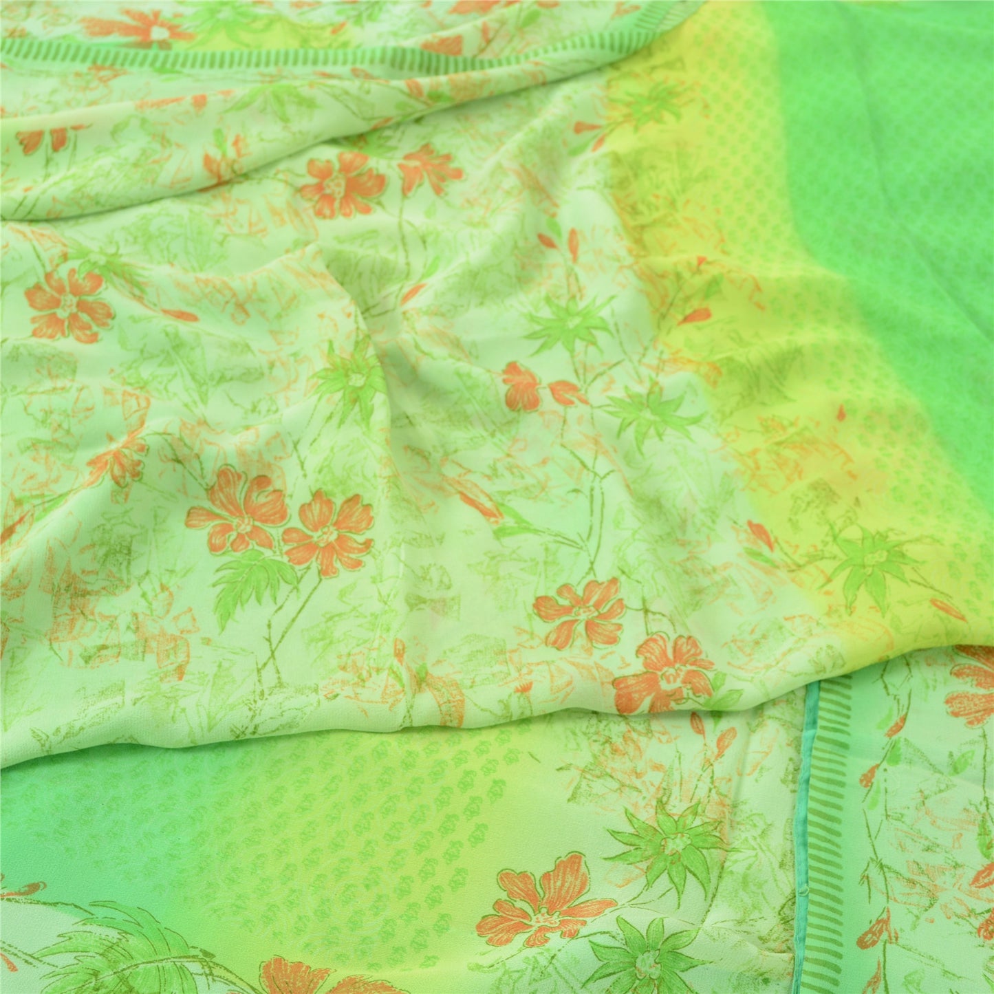 Sanskriti Vintage Sarees Green Pure Georgette Silk Printed Sari 5yd Craft Fabric