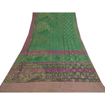 Sanskriti Vintage Sarees Green Pure Georgette Silk Woven Printed Sari 5yd Fabric