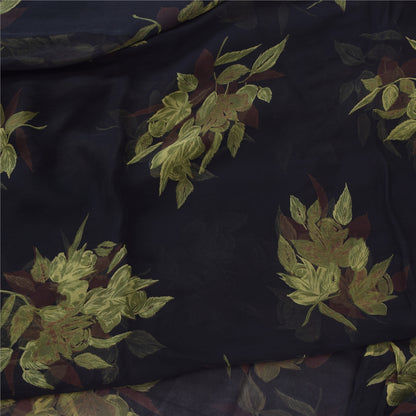 Sanskriti Vintage Sarees Black Pure Chiffon Silk Printed Sari 5yd Craft Fabric