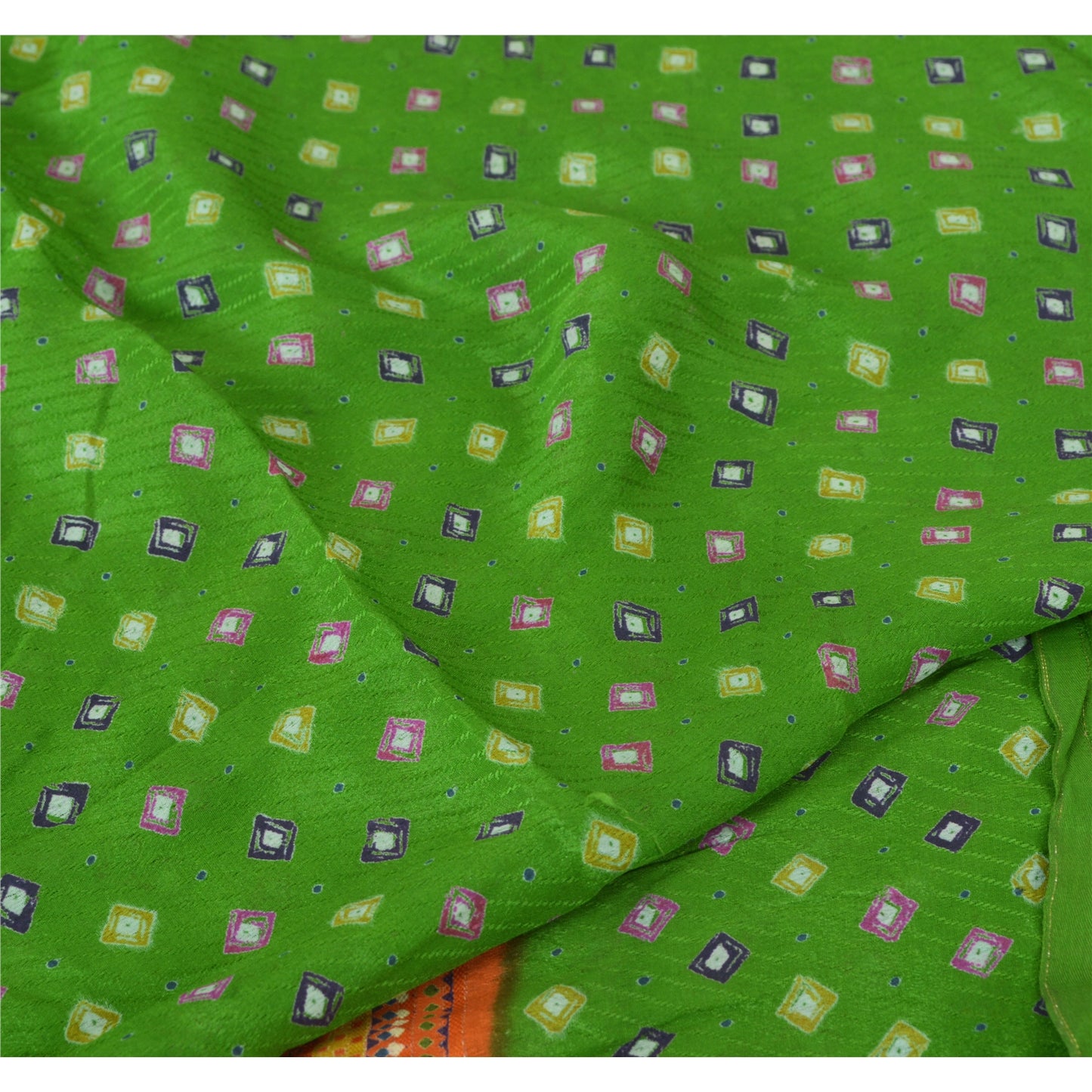 Sanskriti Vintage Sarees Green/Orange Pure Crepe Silk Sari Printed Craft Fabric