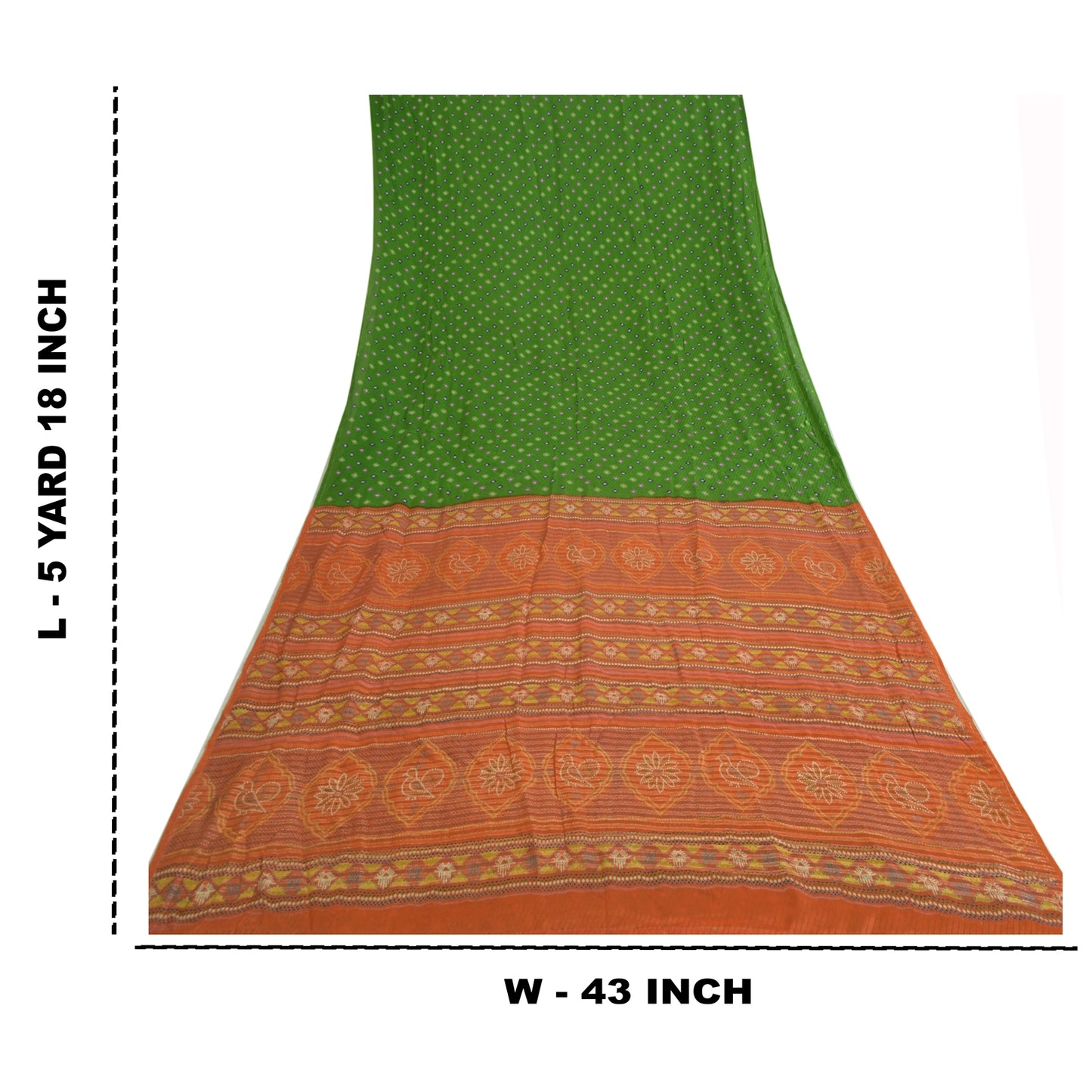 Sanskriti Vintage Sarees Green/Orange Pure Crepe Silk Sari Printed Craft Fabric