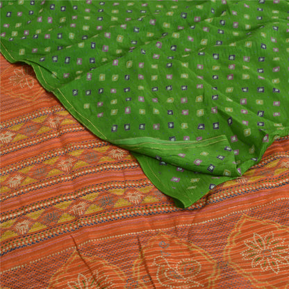 Sanskriti Vintage Sarees Green/Orange Pure Crepe Silk Sari Printed Craft Fabric