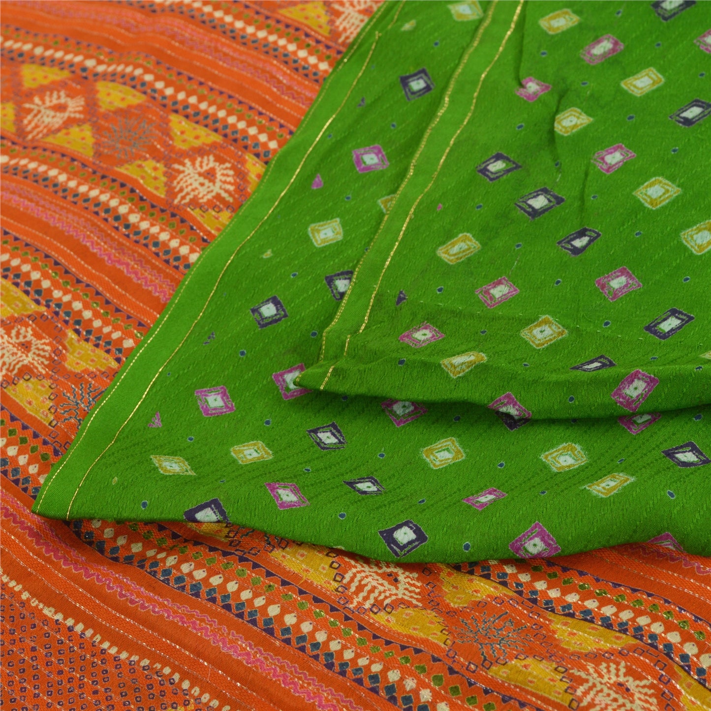 Sanskriti Vintage Sarees Green/Orange Pure Crepe Silk Sari Printed Craft Fabric