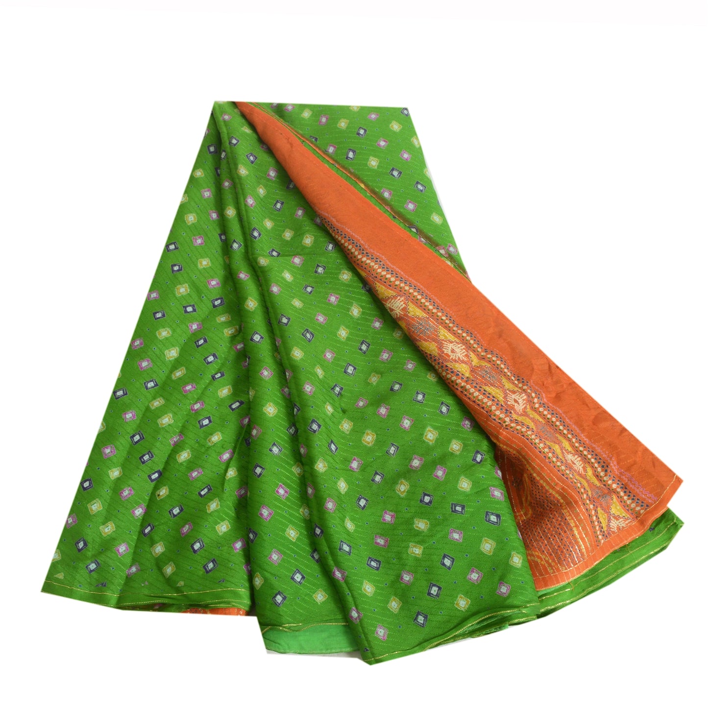 Sanskriti Vintage Sarees Green/Orange Pure Crepe Silk Sari Printed Craft Fabric