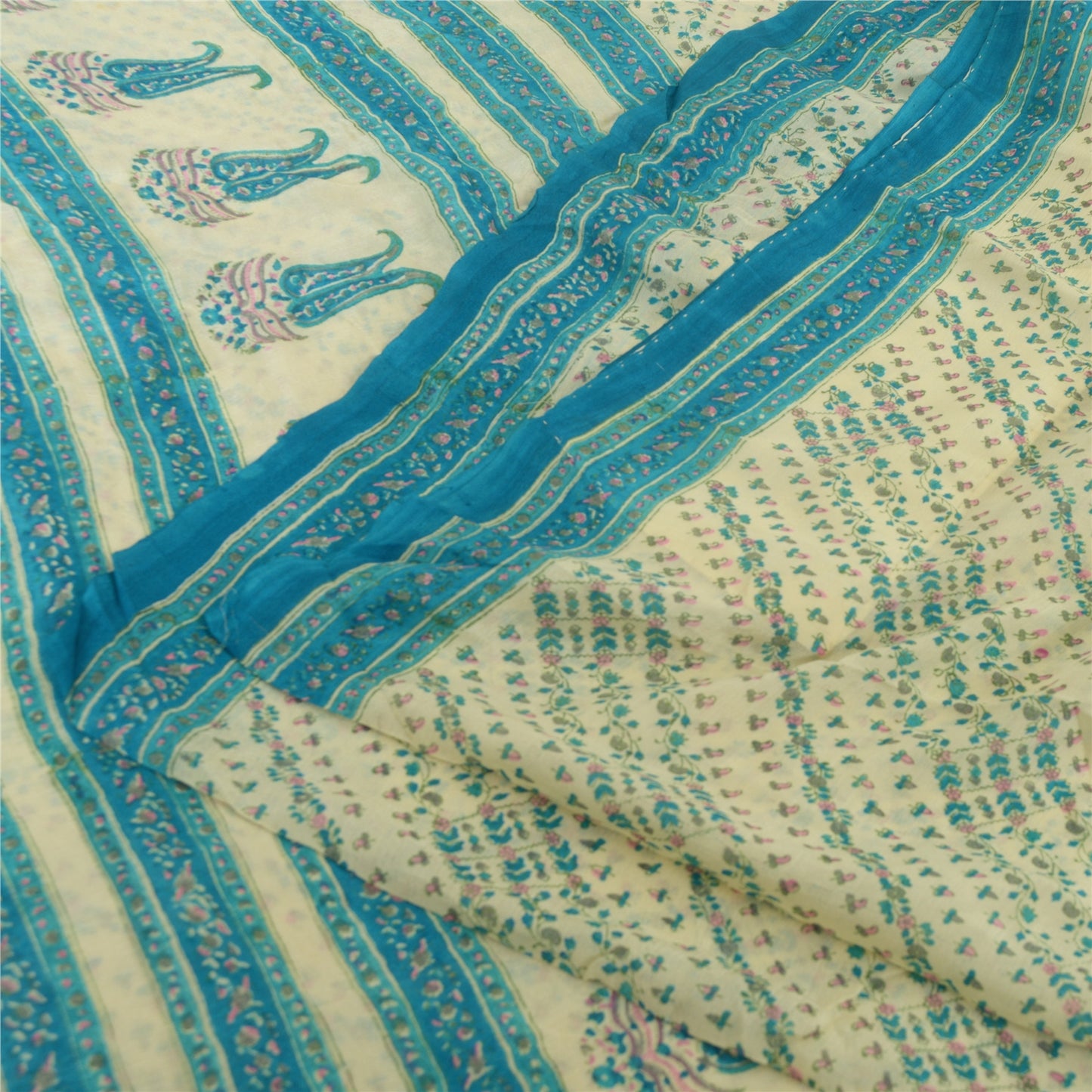 Sanskriti Vintage Sarees Ivory/Blue Pure Georgette Printed Sari 5yd Craft Fabric