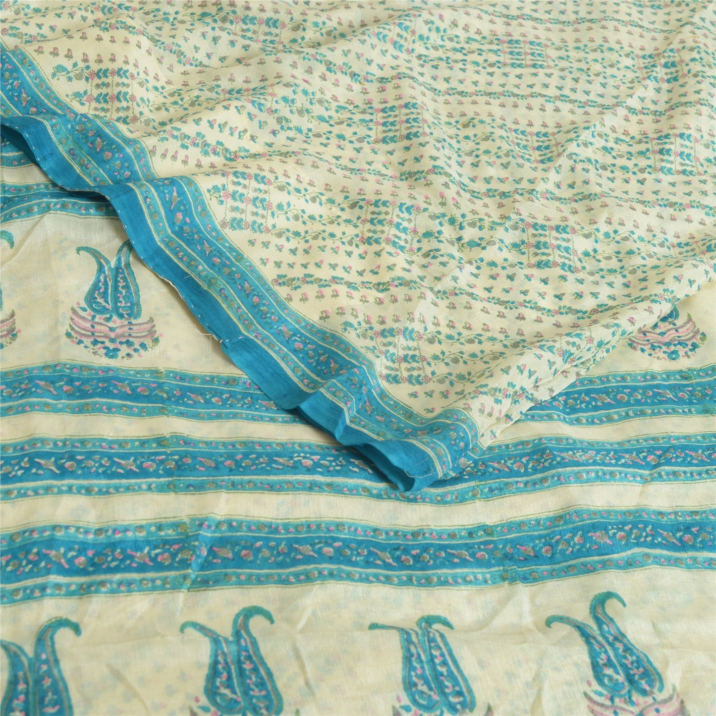 Sanskriti Vintage Sarees Ivory/Blue Pure Georgette Printed Sari 5yd Craft Fabric