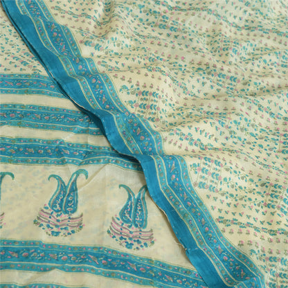 Sanskriti Vintage Sarees Ivory/Blue Pure Georgette Printed Sari 5yd Craft Fabric