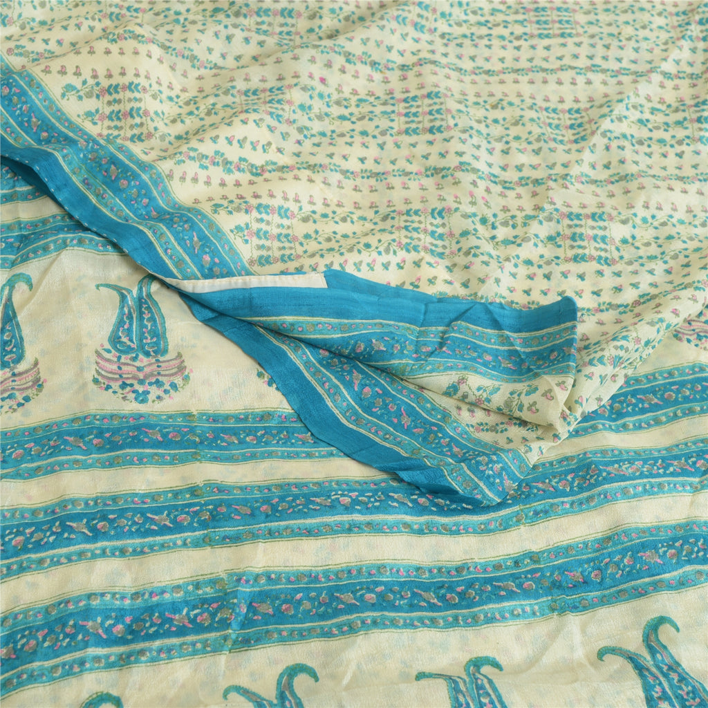 Sanskriti Vintage Sarees Ivory/Blue Pure Georgette Printed Sari 5yd Craft Fabric