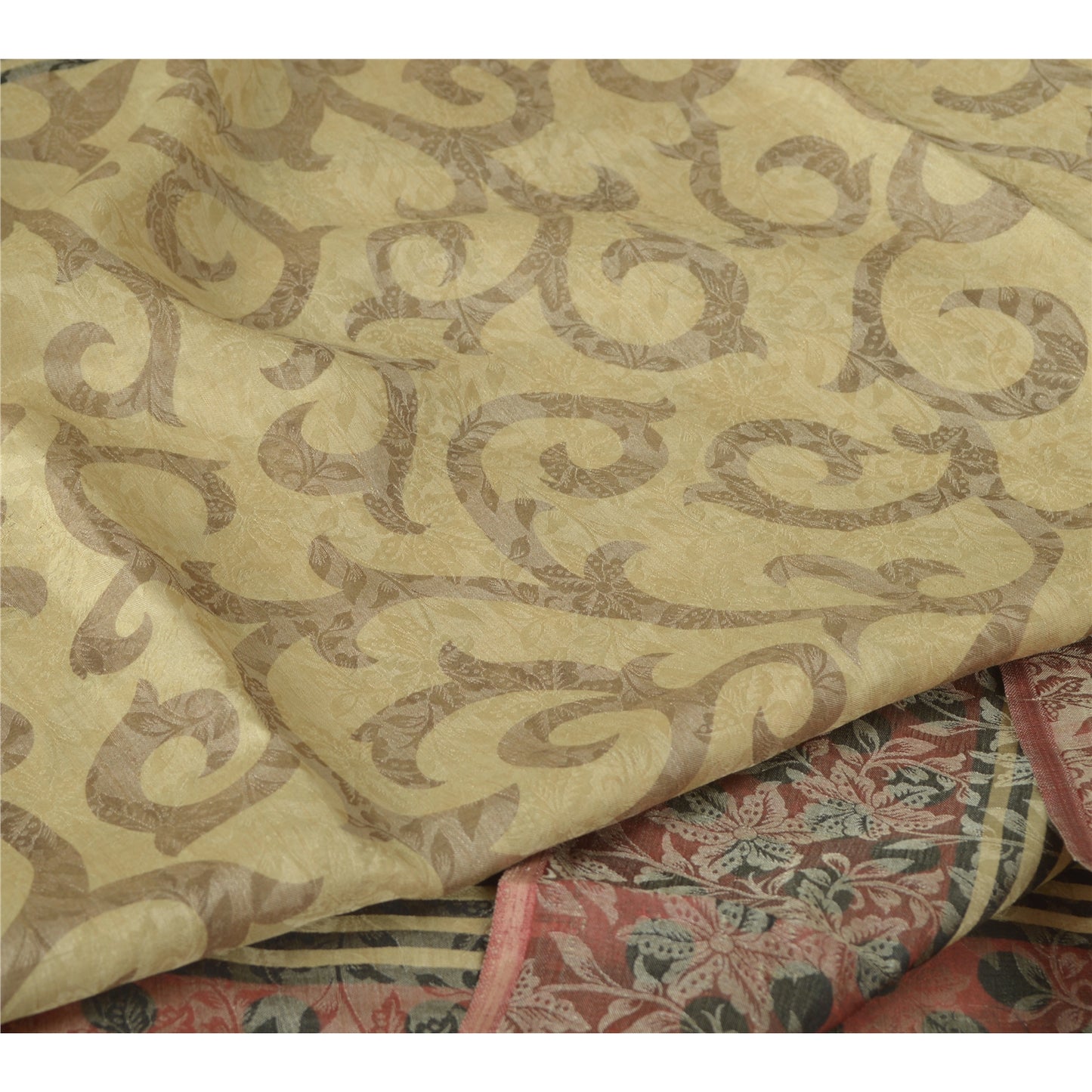 Sanskriti Vintage Sarees Cream Pure Georgette Silk Printed Sari 5yd Craft Fabric