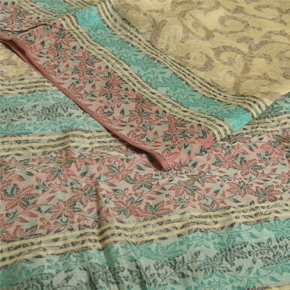 Sanskriti Vintage Sarees Cream Pure Georgette Silk Printed Sari 5yd Craft Fabric