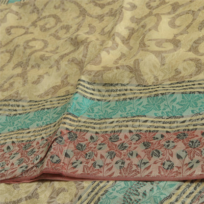 Sanskriti Vintage Sarees Cream Pure Georgette Silk Printed Sari 5yd Craft Fabric