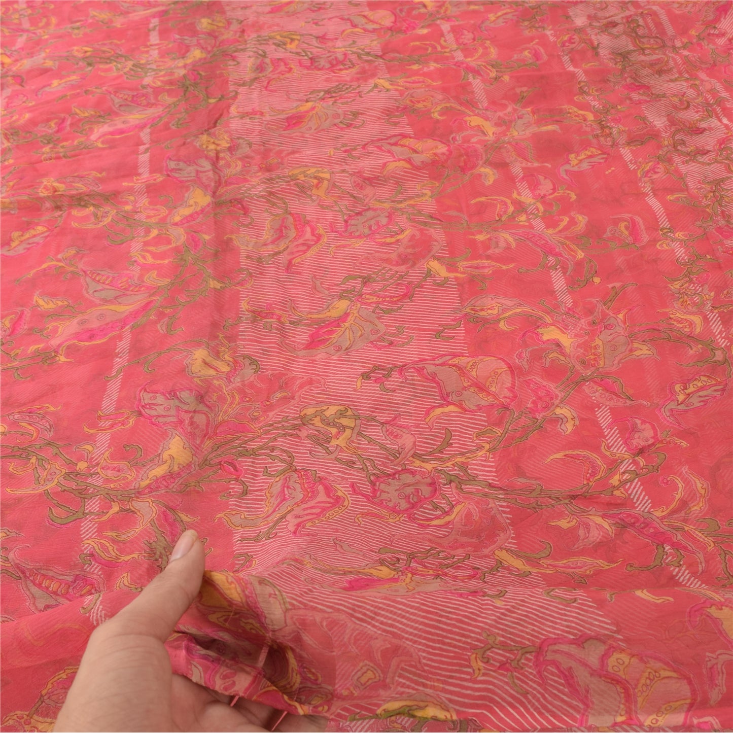 Sanskriti Vintage Sarees Pink 100% Pure Chiffon Silk Printed Sari Craft Fabric