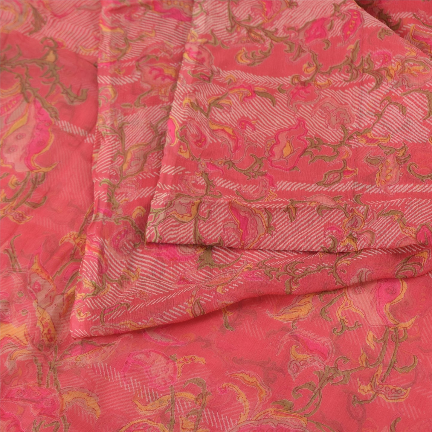 Sanskriti Vintage Sarees Pink 100% Pure Chiffon Silk Printed Sari Craft Fabric