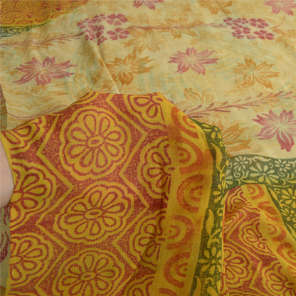 Sanskriti Vintage Sarees Pale-Yellow Pure Georgette Printed Sari Craft Fabric