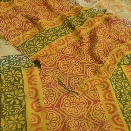 Sanskriti Vintage Sarees Pale-Yellow Pure Georgette Printed Sari Craft Fabric