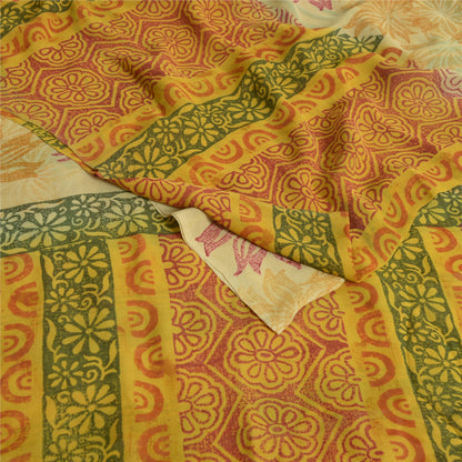 Sanskriti Vintage Sarees Pale-Yellow Pure Georgette Printed Sari Craft Fabric