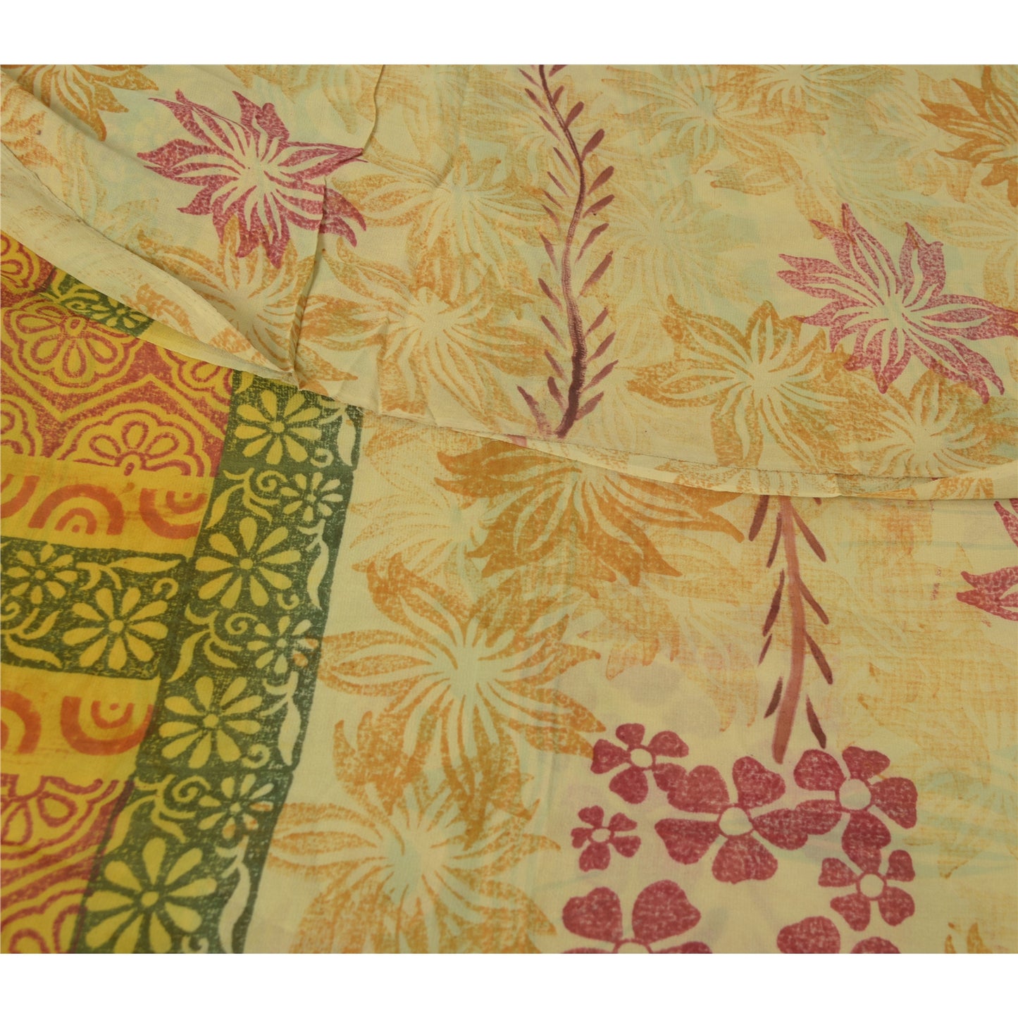 Sanskriti Vintage Sarees Pale-Yellow Pure Georgette Printed Sari Craft Fabric