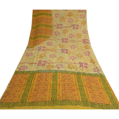 Sanskriti Vintage Sarees Pale-Yellow Pure Georgette Printed Sari Craft Fabric