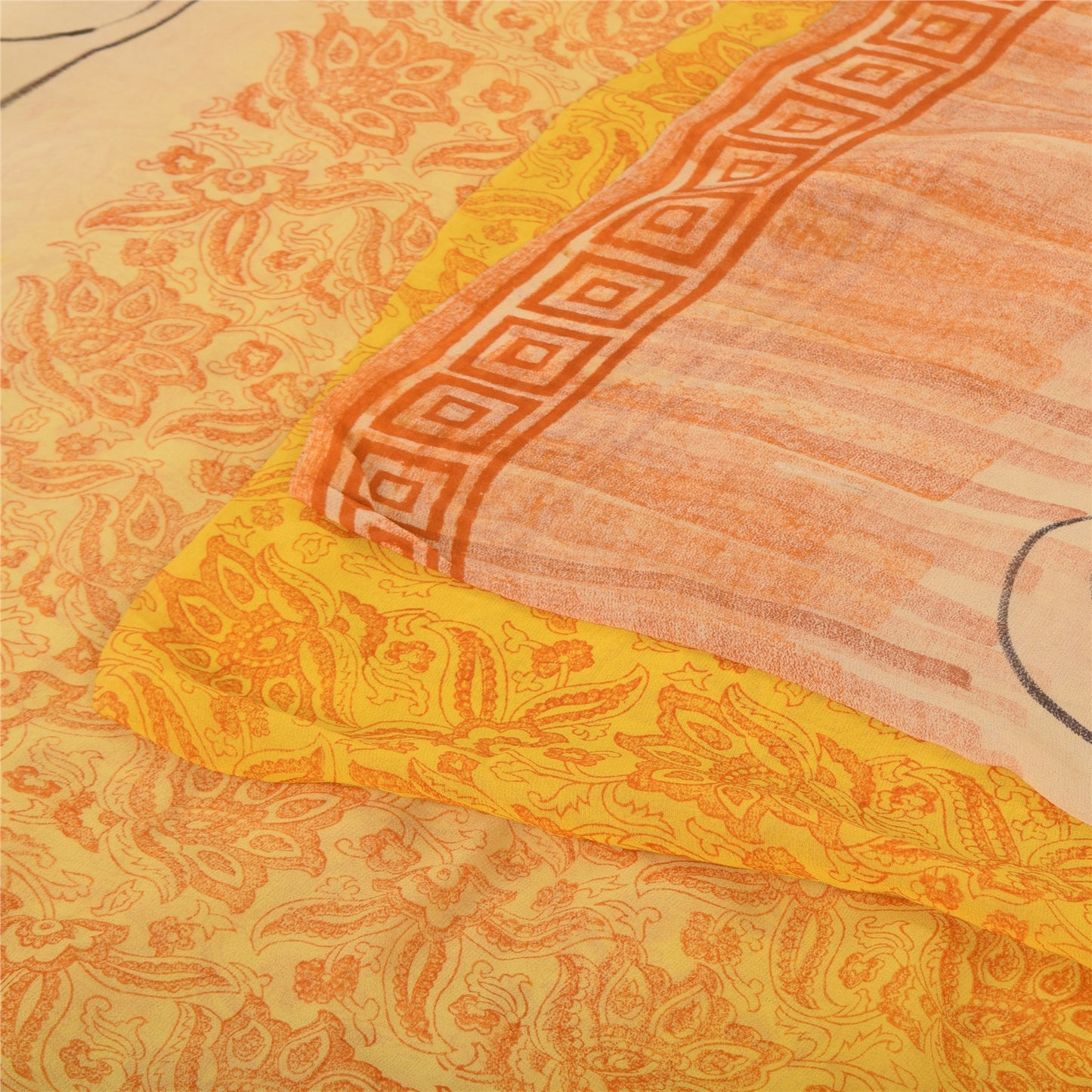 Sanskriti Vintage Sarees Yellow Pure Georgette Silk Printed Sari Craft Fabric