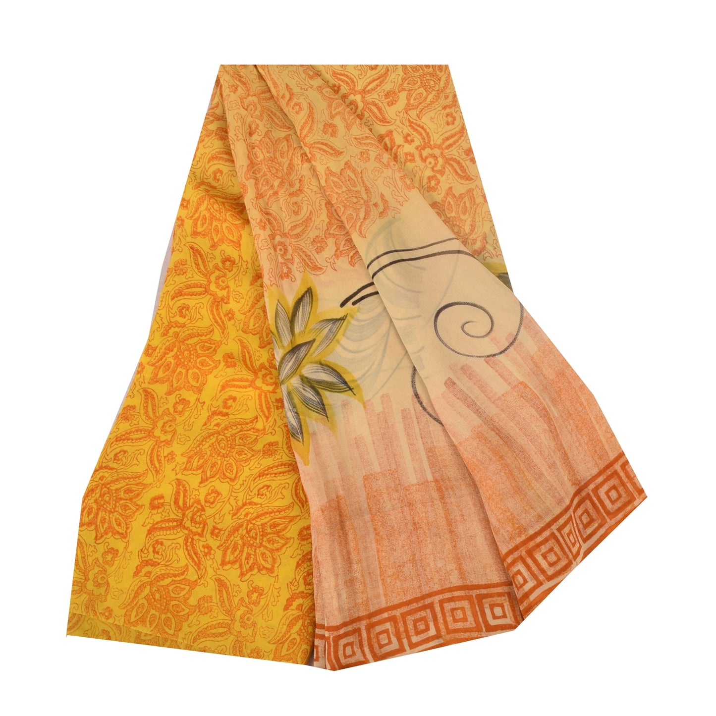 Sanskriti Vintage Sarees Yellow Pure Georgette Silk Printed Sari Craft Fabric